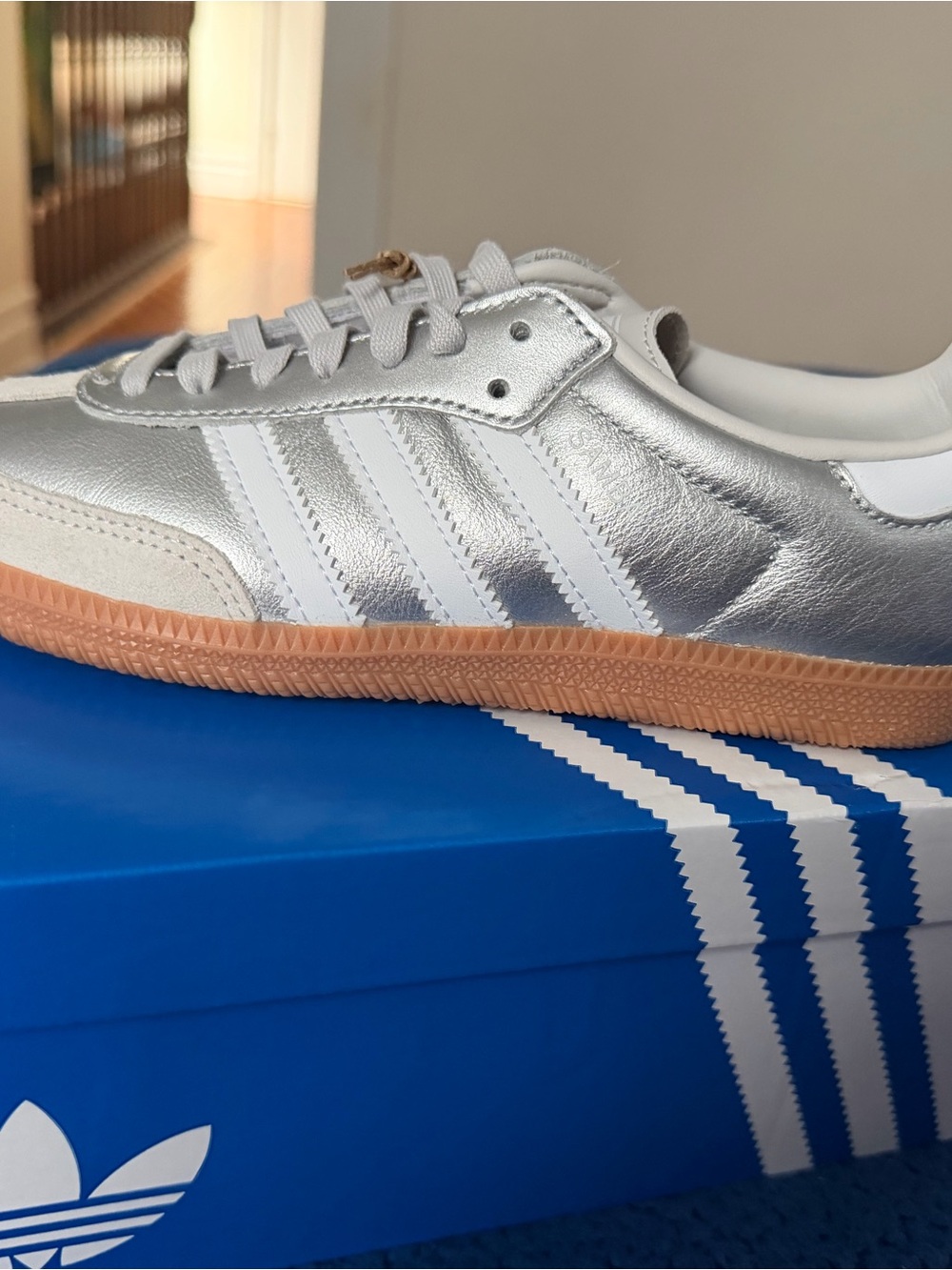 adidas Metallic Silver Low-Top Sneakers with Gum Sole